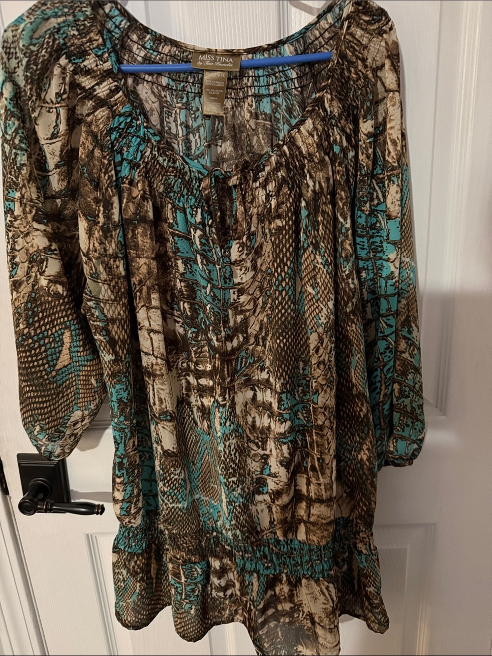 Miss Tina Teal and Brown Printed Boho Peasant Top